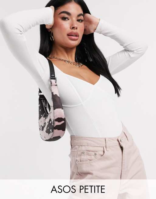 ASOS DESIGN Petite - Bodysuit a coste e a maniche lunghe con corpino con cuciture bianco