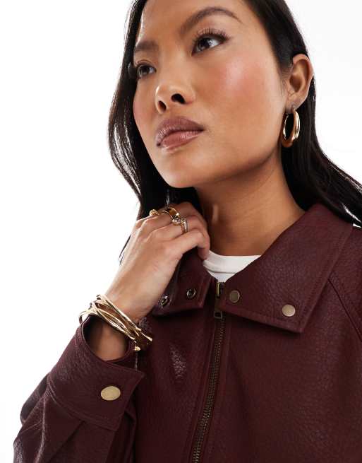 ASOS DESIGN Petite - Bomberjack met leerlook in bordeauxrood, 4 van 4