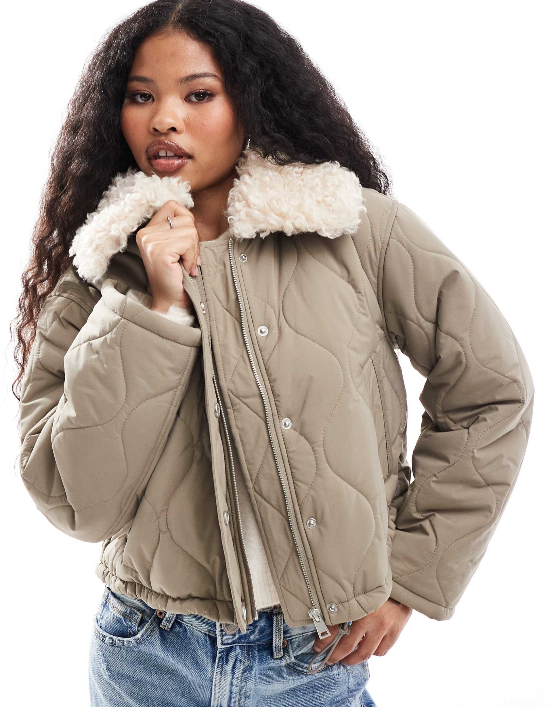 asos design petite borg collar quilted jacket in khaki