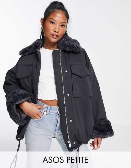 ASOS DESIGN Petite borg collared cotton jacket in charcoal | ASOS