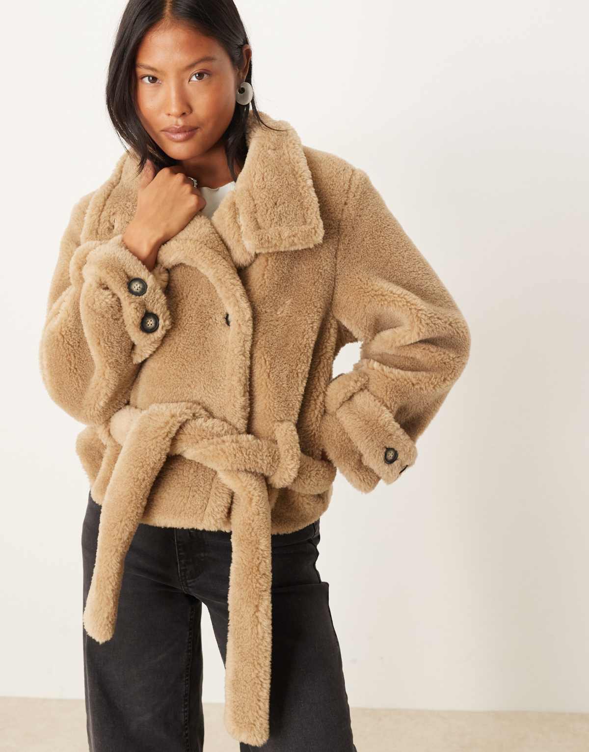 ASOS DESIGN Petite borg cropped trench coat in oatmeal