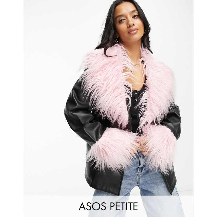 ASOS DESIGN Petite borg cuff faux leather jacket in black & pink