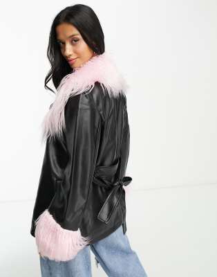 ASOS DESIGN Petite borg cuff faux leather jacket in black & pink