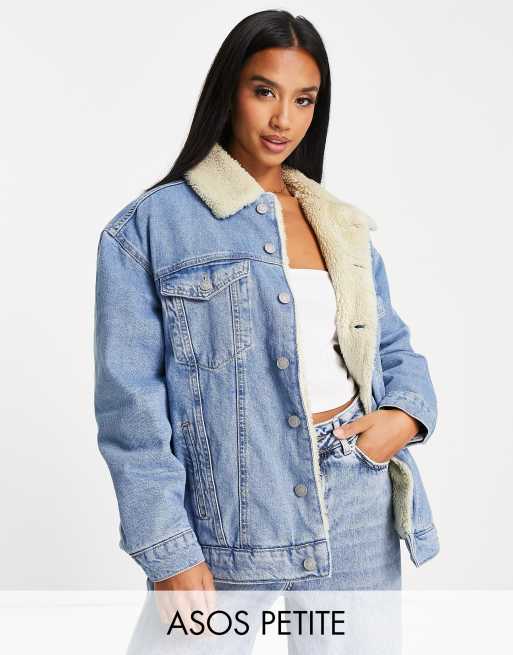 ASOS Denim Jacket With Patches & Fleece Collar In Blue Wash