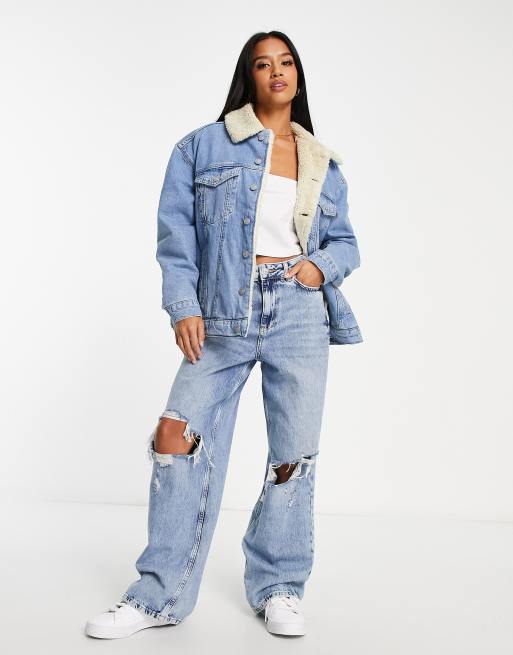 ASOS DESIGN Petite borg denim jacket in washed blue