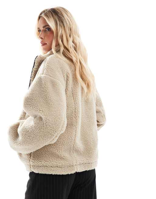 ASOS DESIGN Petite borg oversized funnel neck jacket in stone, 4 of 4