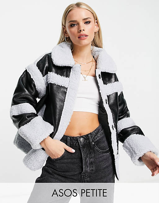 ASOS DESIGN Petite borg panelled jacket in black and blue
