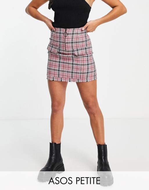 ASOS DESIGN Petite boucle mini skirt with raw hem and pocket detail in pink check print