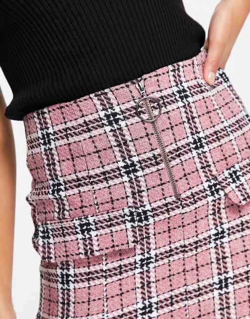 ASOS DESIGN Petite boucle mini skirt with raw hem and pocket detail in pink  check print