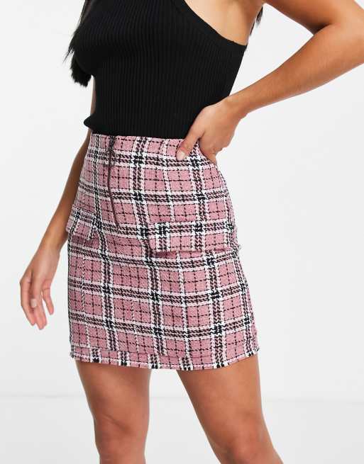 ASOS DESIGN Petite boucle mini skirt with raw hem and pocket detail in pink  check print