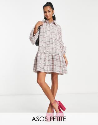 ASOS DESIGN Petite boucle mini smock shirt dress with pephem in cream and pink-Multi