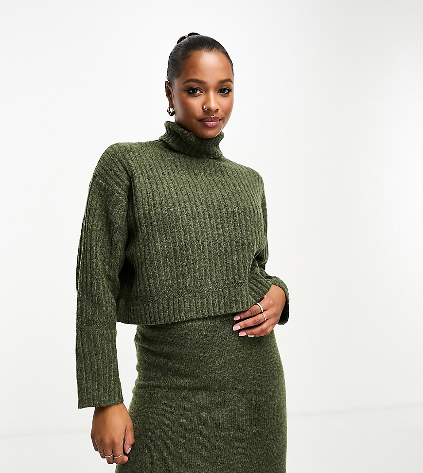 ASOS DESIGN Petite boxy jumper in rib with roll neck co ord in khaki-Green