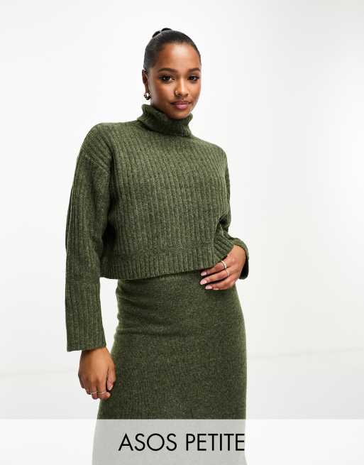 ASOS DESIGN Petite boxy jumper in rib with roll neck co ord in khaki