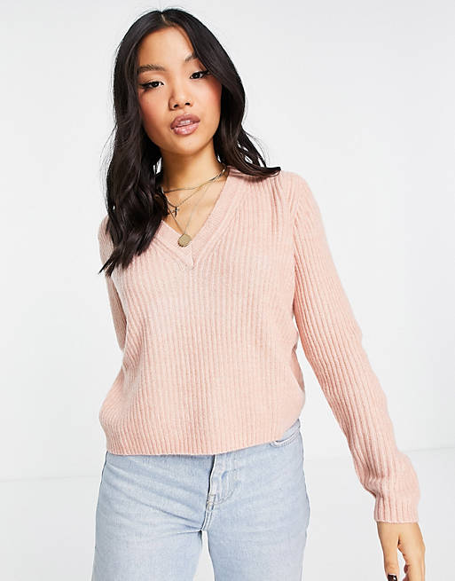 Women Petite boxy jumper in v neck with rib in pink 