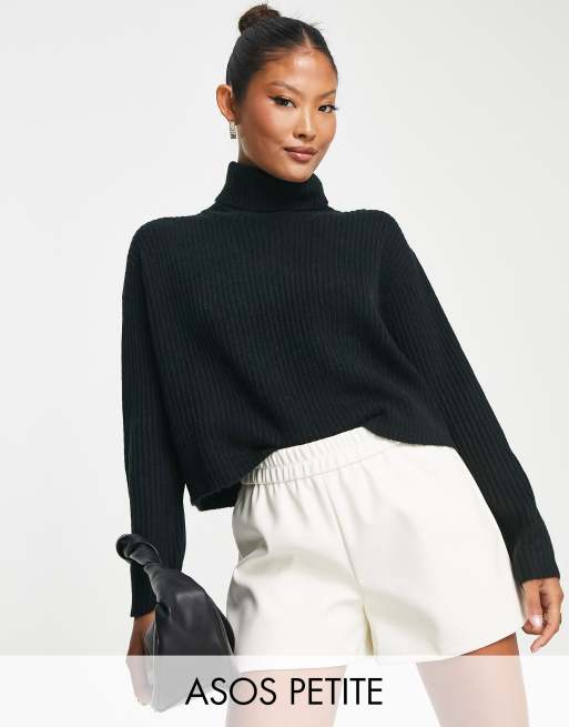 ASOS DESIGN Petite boxy jumper with high neck in black