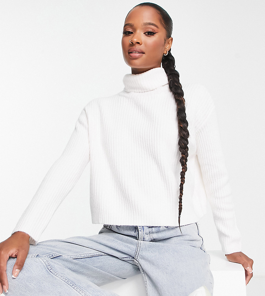 ASOS DESIGN Petite boxy sweater with high neck in cream-White