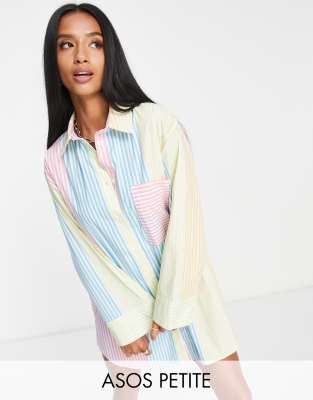 ASOS DESIGN Petite boyfriend cotton mini shirt dress in pastel stripe | ASOS