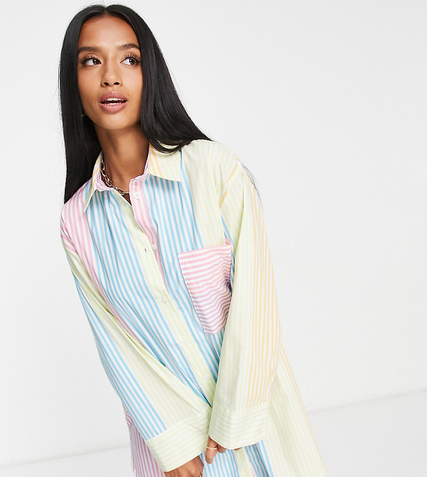 ASOS DESIGN Petite boyfriend mini cotton shirt dress in pastel stripe-Multi