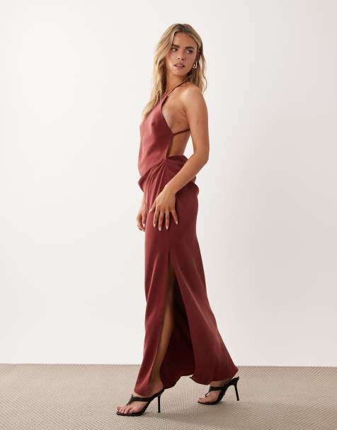 ASOS DESIGN Petite – Brązowa sukienka maxi z paseczkami na plecach - view 1