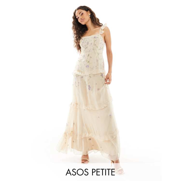 asos champagne bridesmaid dresses ASOS DESIGN Petite Bridesmaid cami embellished maxi dress with embroidery  in champagne