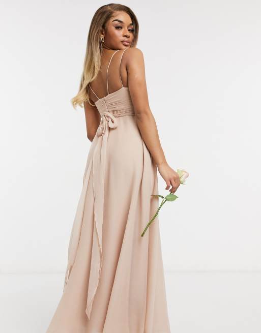 ASOS DESIGN Petite Bridesmaid cami maxi dress with ruched bodice and tie waist in Blush