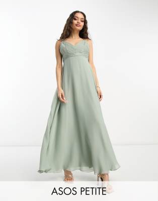 ASOS DESIGN petite bridesmaid cami maxi dress with ruched bodice and tie  waist in olive | ASOS