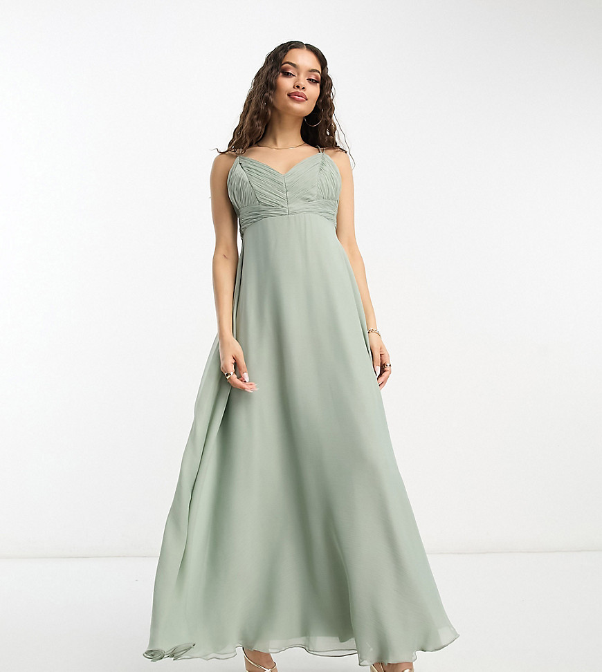 Asos Petite Asos Design Petite Bridesmaid Cami Maxi Dress With Ruched Bodice And Tie Waist In Olive-green