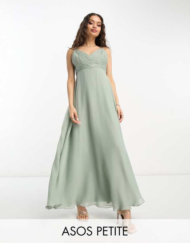 ASOS Petite - ASOS DESIGN petite bridesmaid cami maxi dress with ruched bodice and tie waist in olive