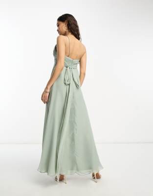 ASOS DESIGN petite bridesmaid cami maxi dress with ruched bodice and tie  waist in olive | ASOS