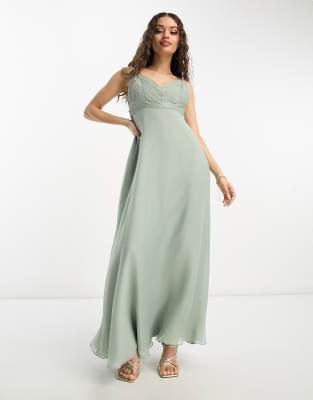 ASOS DESIGN petite bridesmaid cami maxi dress with ruched bodice and tie  waist in olive | ASOS