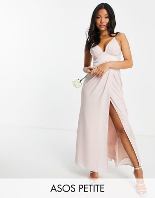 ASOS DESIGN Petite Bridesmaid cami maxi dress with satin chevron waist band and button back in blush - ASOS Price Checker