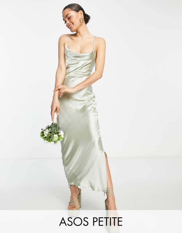 ASOS DESIGN Petite Bridesmaid cami maxi slip dress in hi-shine satin with lace up back in sage