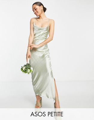 ASOS DESIGN Petite Bridesmaid cami maxi slip dress in high shine satin with lace up back in sage - ASOS Price Checker