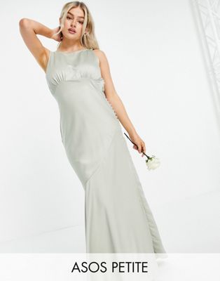 ASOS DESIGN Petite Bridesmaid cowl back satin maxi dress with button side detail in olive - ASOS Price Checker