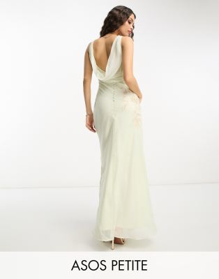 ASOS DESIGN Petite Bridesmaid embellished cowl neck chiffon maxi dress with floral embroidery in sage green