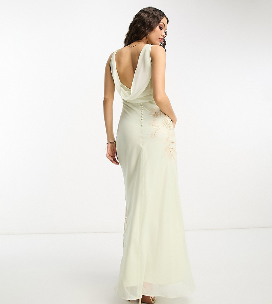 ASOS DESIGN Petite Bridesmaid embellished cowl neck chiffon maxi dress with floral embroidery in sage green