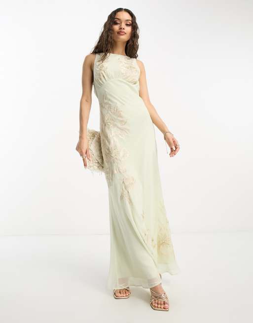 ASOS DESIGN Petite Bridesmaid embellished cowl neck chiffon maxi dress with  floral embroidery in sage green