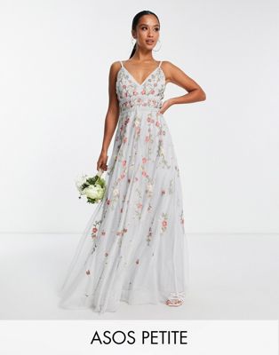 ASOS DESIGN Petite Bridesmaid floral embrodiered cami maxi dress with embellishment in soft blue