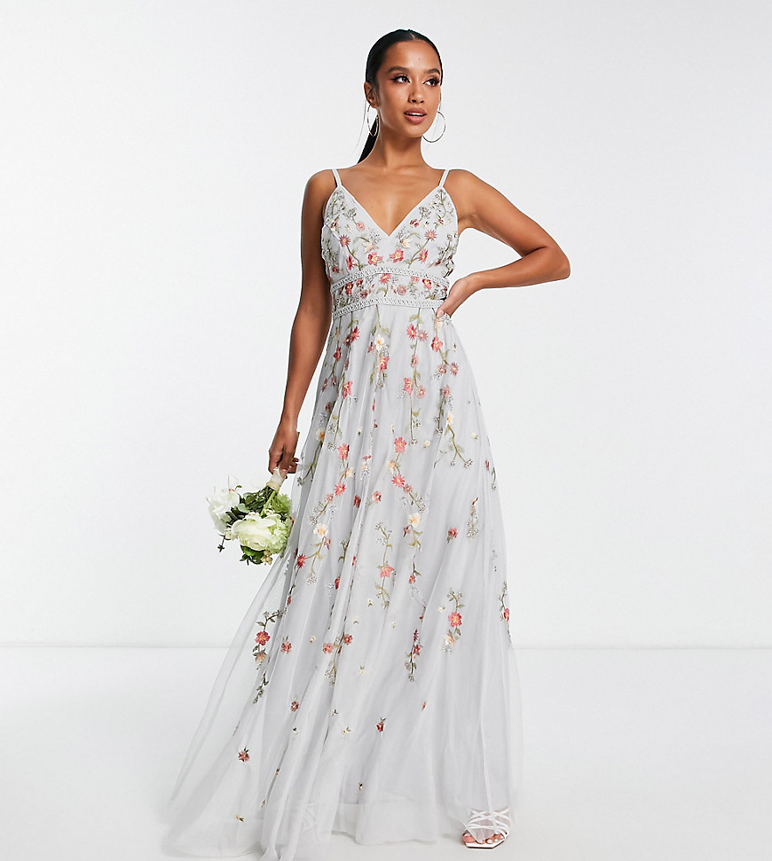 Asos Design Petite Bridesmaid Floral Embrodiered Cami Maxi Dress With Embellishment In Soft Blue