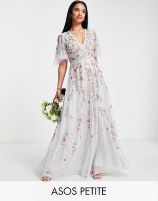 ASOS DESIGN Petite Bridesmaid floral embroidered flutter sleeve maxi dress with embellishment in soft blue