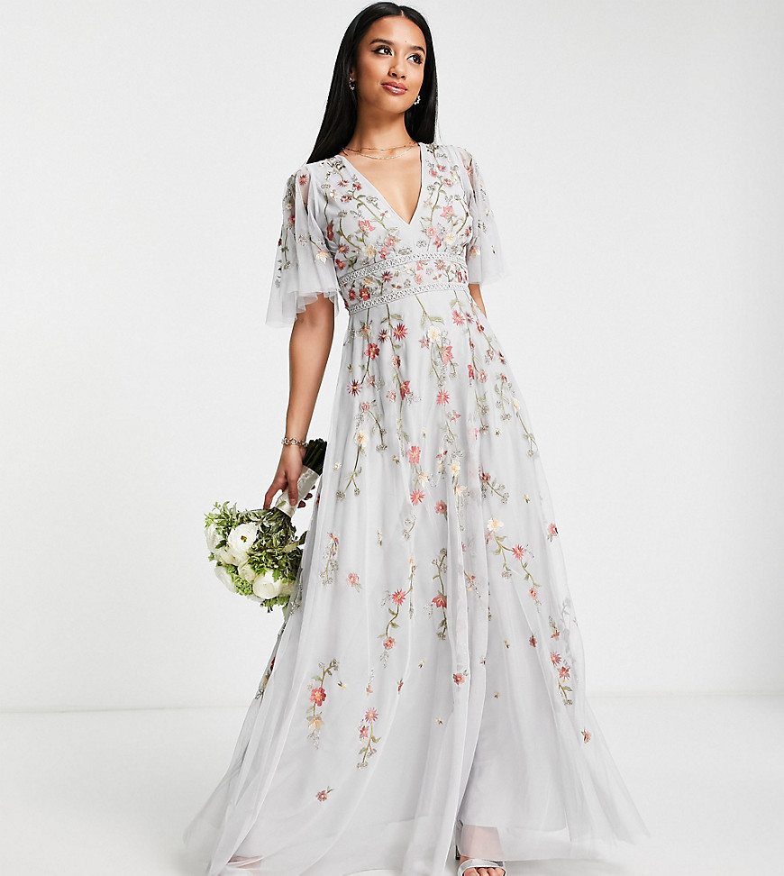 ASOS DESIGN Petite Bridesmaid floral embroidered flutter sleeve maxi dress with embellishment in soft blue