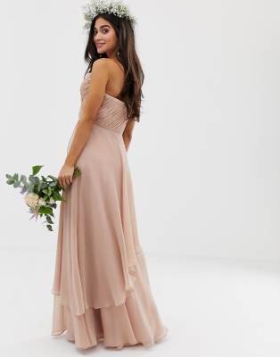 asos design bridesmaid maxi bandeau dress with soft layered skirt