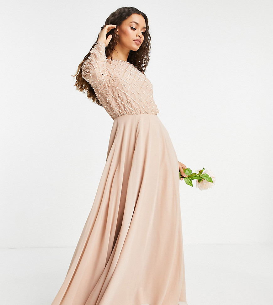 ASOS DESIGN Petite Bridesmaid maxi dress with long sleeve in pearl and beaded embellishment with tulle skirt-Pink