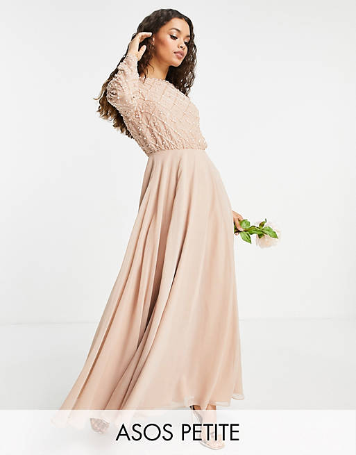ASOS DESIGN Petite Bridesmaid maxi dress with long sleeve in pearl and beaded embellishment with tulle skirt