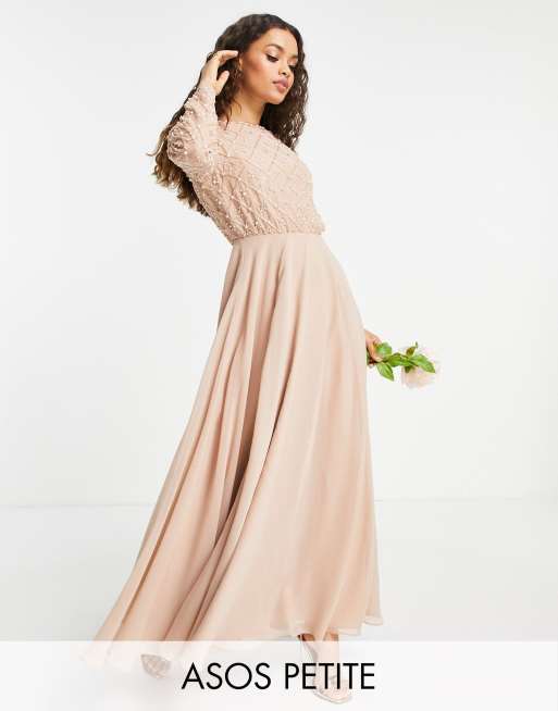 ASOS DESIGN Petite Bridesmaid maxi dress with long sleeve in pearl and beaded embellishment with tulle skirt