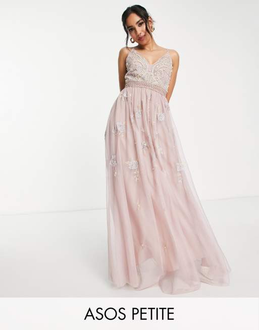 ASOS DESIGN Petite Bridesmaid pearl embellished cami maxi dress with floral  embroidery in rose