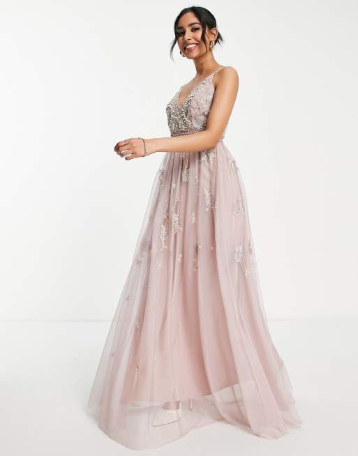 ASOS DESIGN Petite Bridesmaid pearl embellished cami maxi dress with floral  embroidery in rose