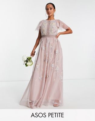 ASOS DESIGN Petite Bridesmaid pearl embellished flutter sleeve maxi dress with floral embroidery in rose - ASOS Price Checker