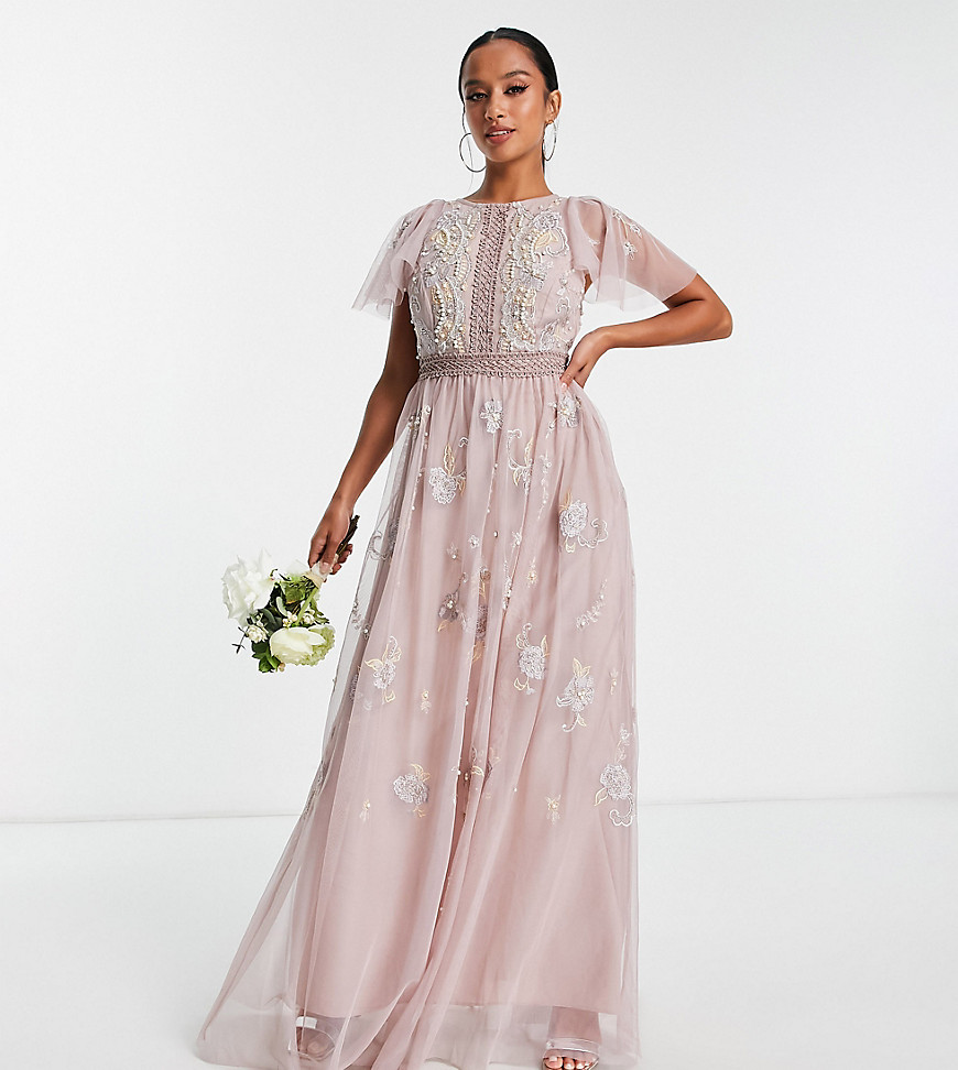 ASOS DESIGN Petite Bridesmaid pearl embellished flutter sleeve maxi dress with floral embroidery in 
