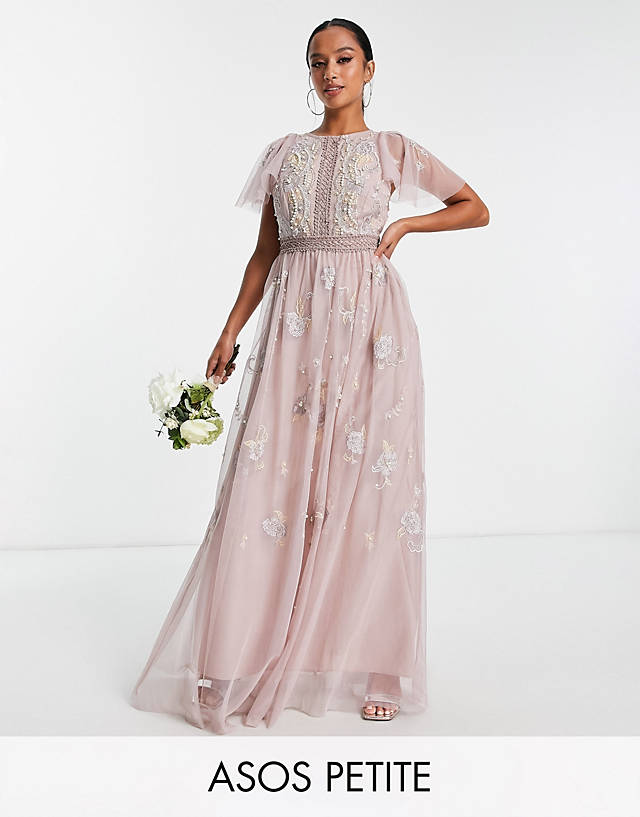 ASOS DESIGN Petite Bridesmaid pearl embellished flutter sleeve maxi dress with floral embroidery in rose